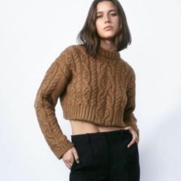 Zara Cable Knit Cropped Sweater - Tan - Picture 1 of 1